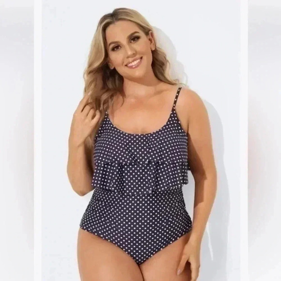 Meet.Curve Purple & White Ruffle Polka Dot Tiered One Piece Swimsuit Size 3X NWT - Picture 1 of 5